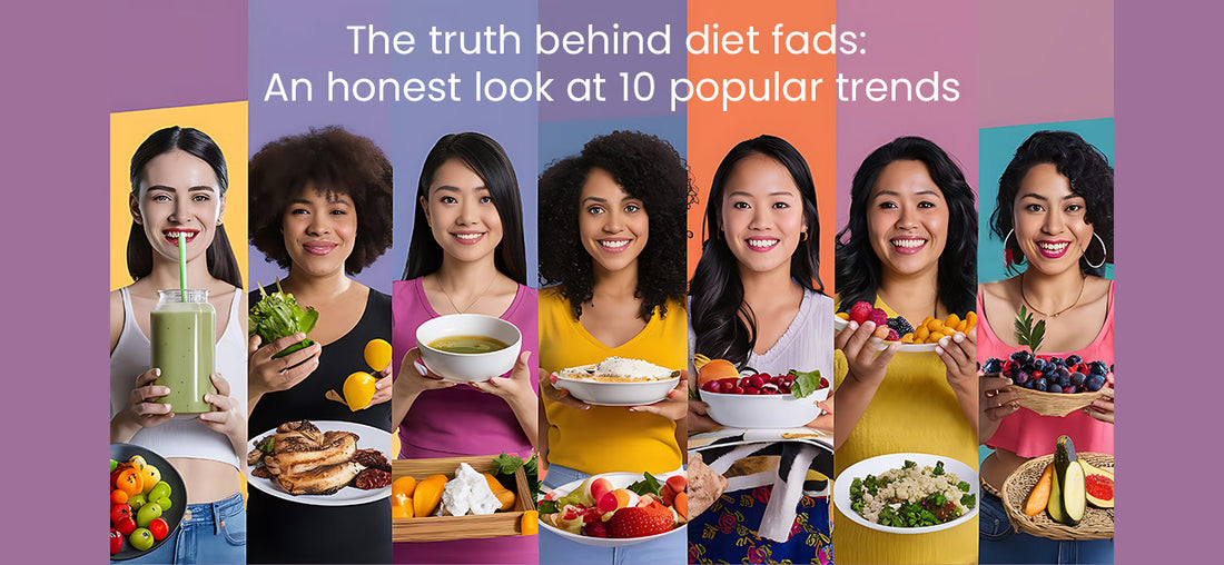 Women showing plates filled with food of different diets they follow and enjoy.