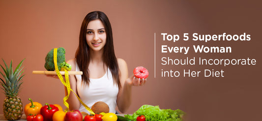 A woman holding a vegetable, broccoli and a junk food, donut in her hand trying to decide what to eat